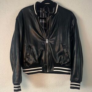 Bloomingdale’s Aqua Black Leather Bomber Jacket with White Accents